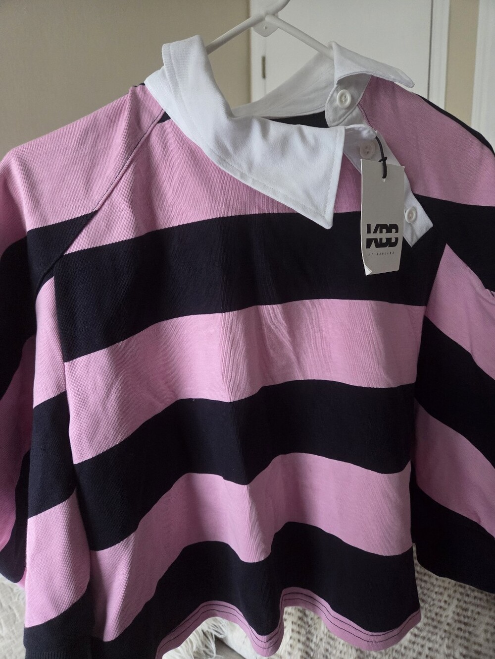 KBB by Khalana Puff-Sleeve Rugby Polo Top - Pink & Navy - Picture 6 of 6